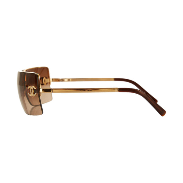 Chanel Brown Rhinestone Logo Rectangle Sunglasses