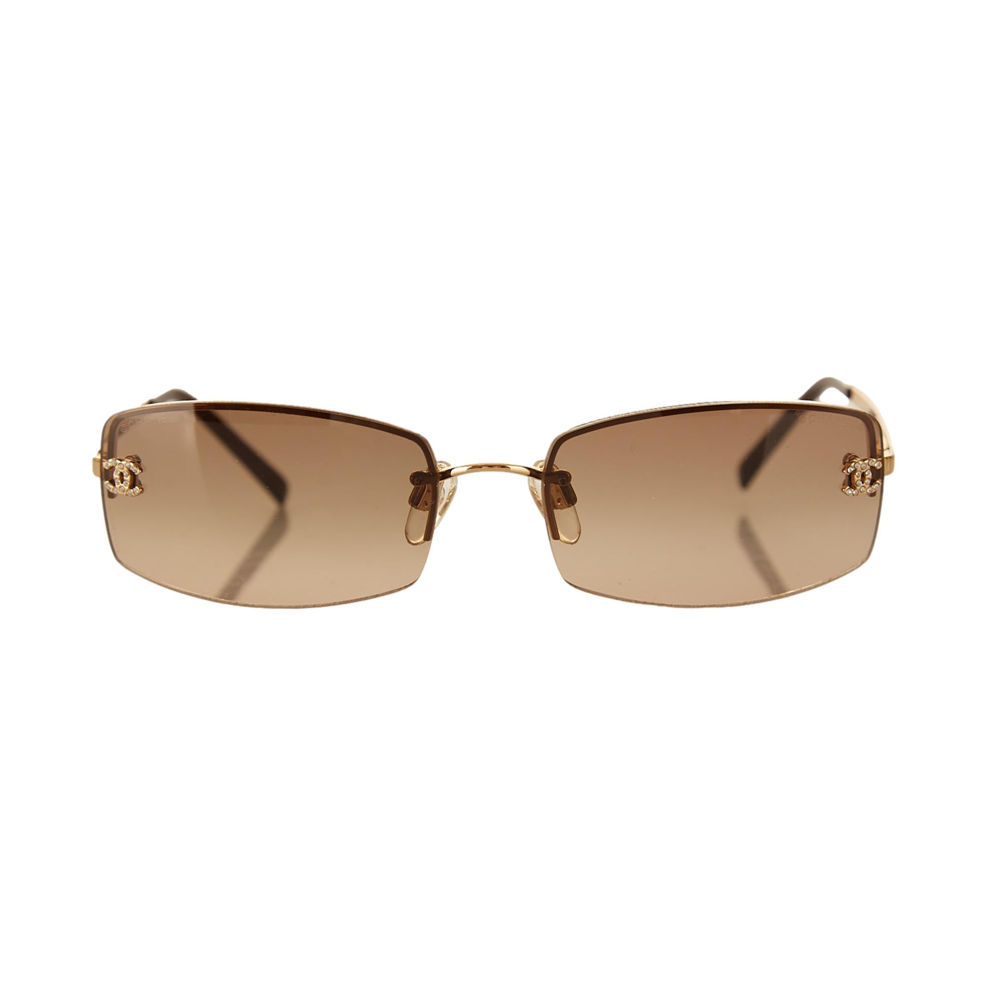 Chanel Dark Brown Rhinestone Logo Micro Sunglasses