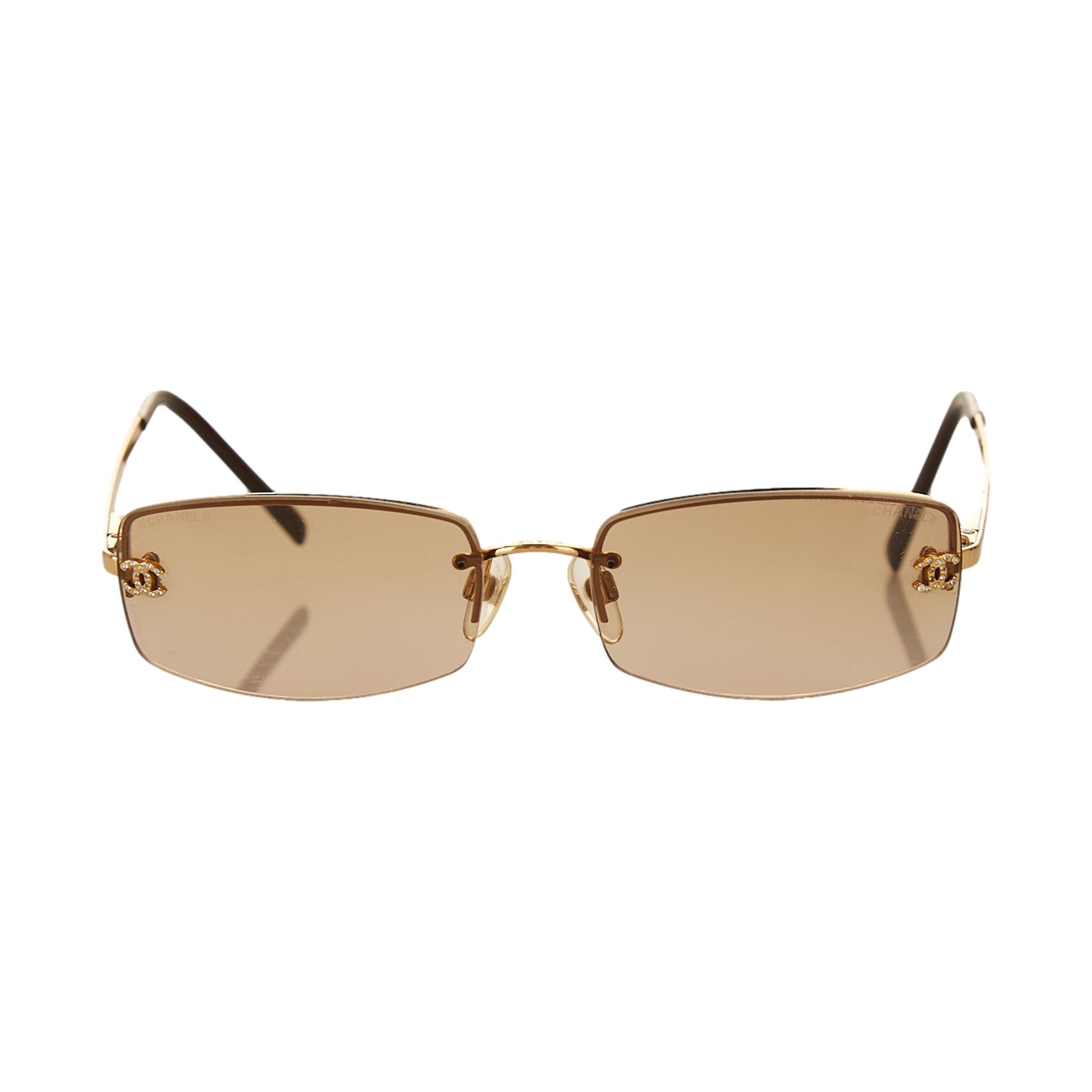 Chanel Light Brown Rhinestone Logo Micro Sunglasses