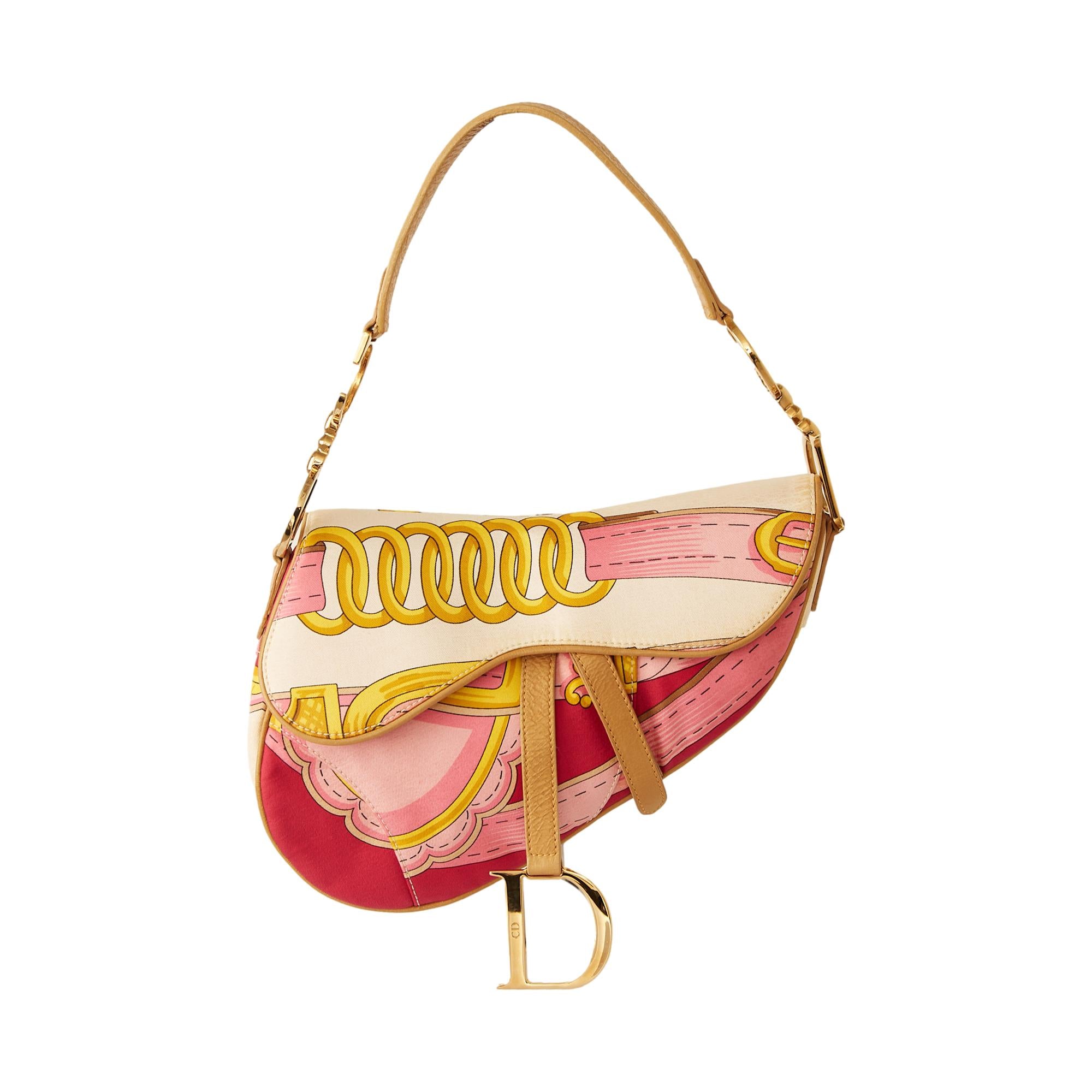 Dior Pink Chain Print Satin Saddle Bag