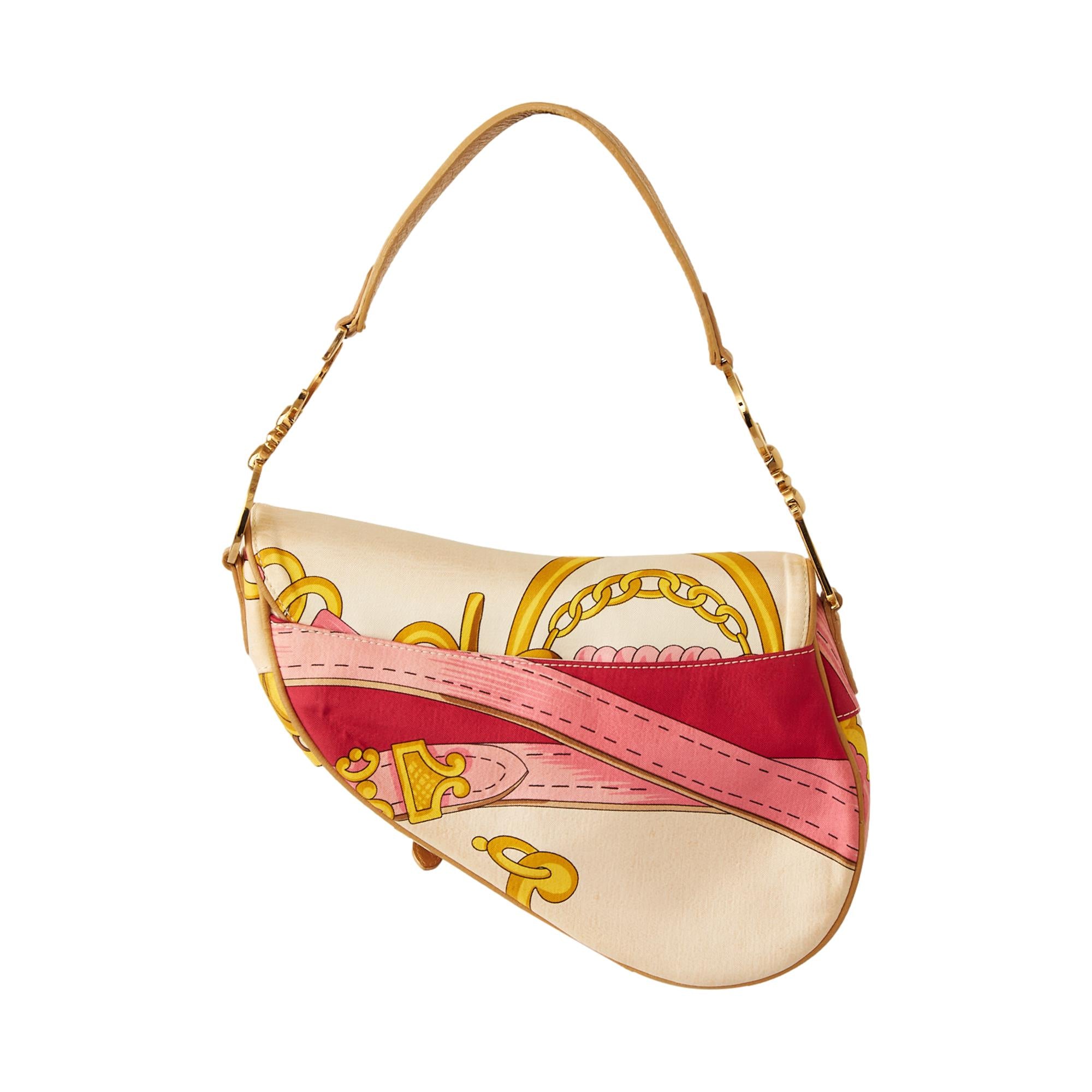 Dior Pink Chain Print Satin Saddle Bag