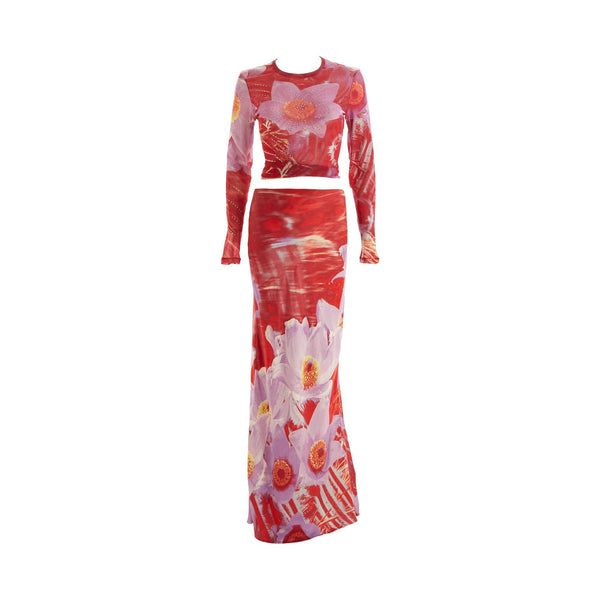 Roberto Cavalli Red Floral Rhinestone Skirt Set