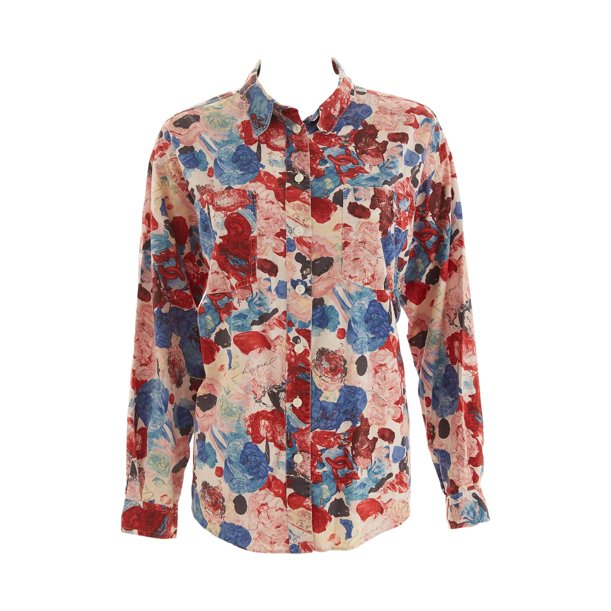 Chanel Multicolor Rose Print Logo Button Down