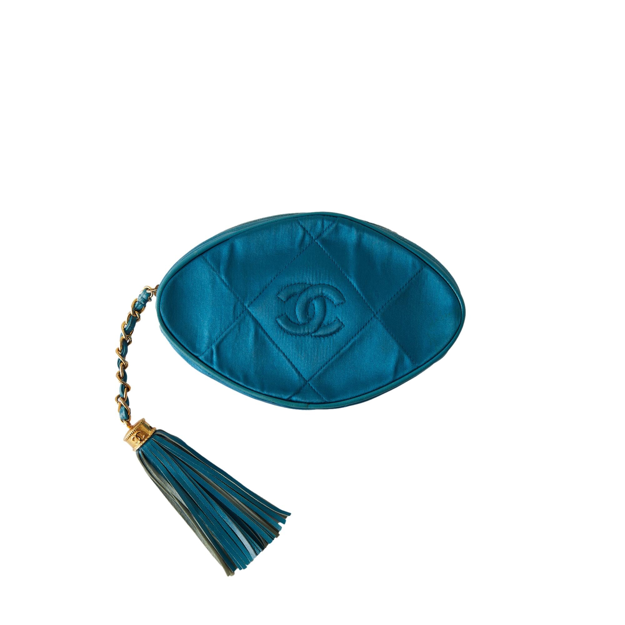 Chanel Blue Satin Logo Tassel Clutch