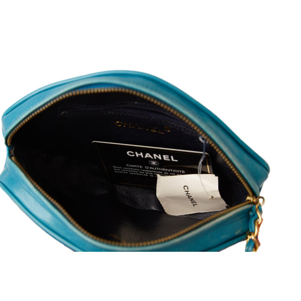 Chanel Blue Satin Logo Tassel Clutch
