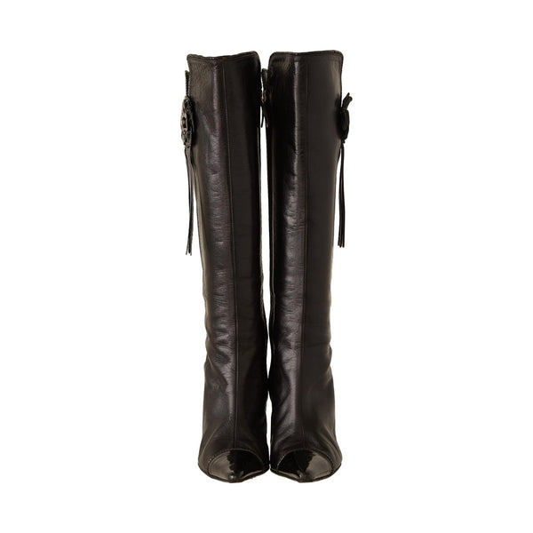 Chanel Black Leather Camellia Boots