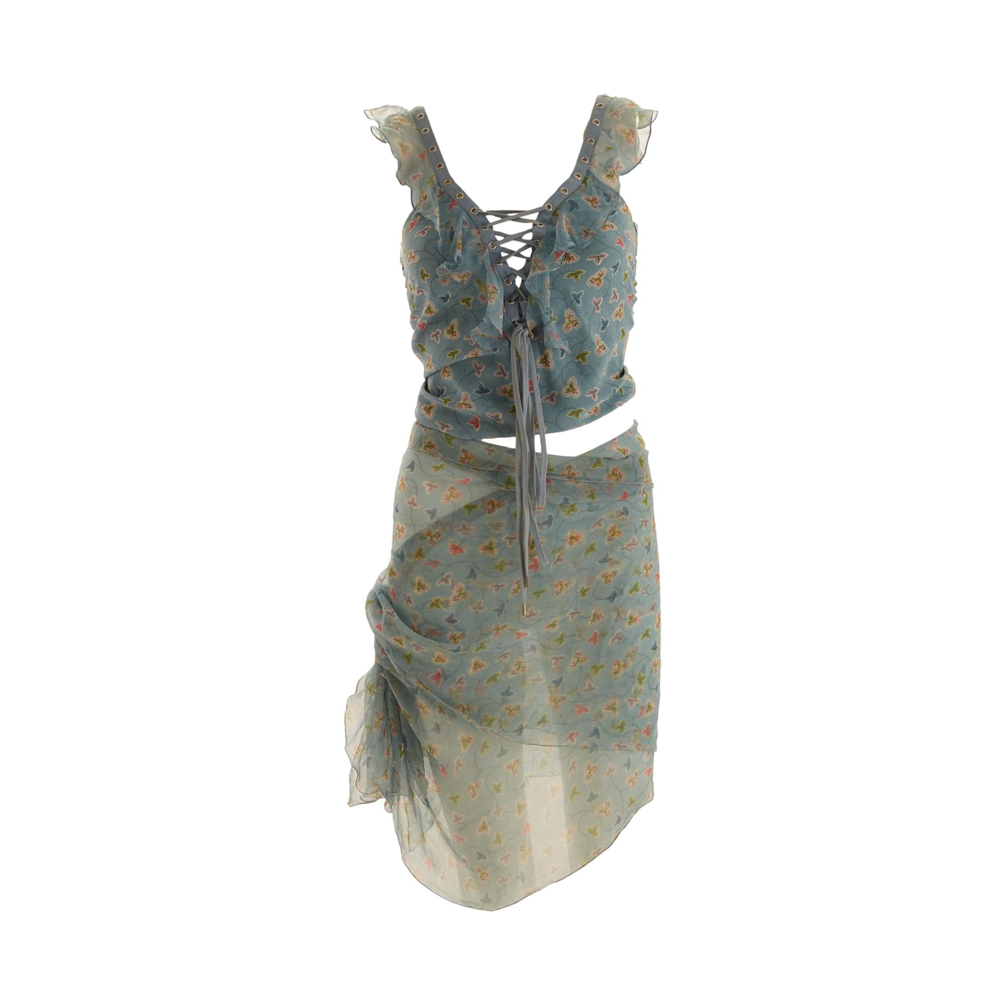 Dior Blue Floral Print Wrap Skirt Set