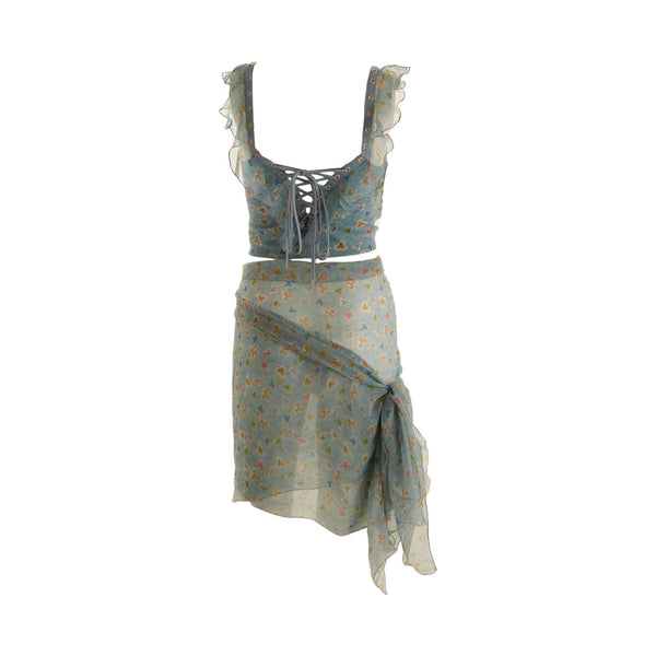 Dior Blue Floral Print Wrap Skirt Set