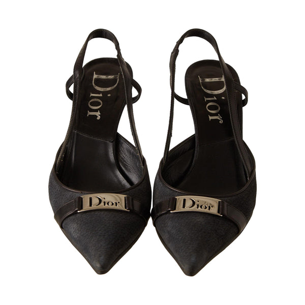 Dior Black Logo Plaque Slingback Heels