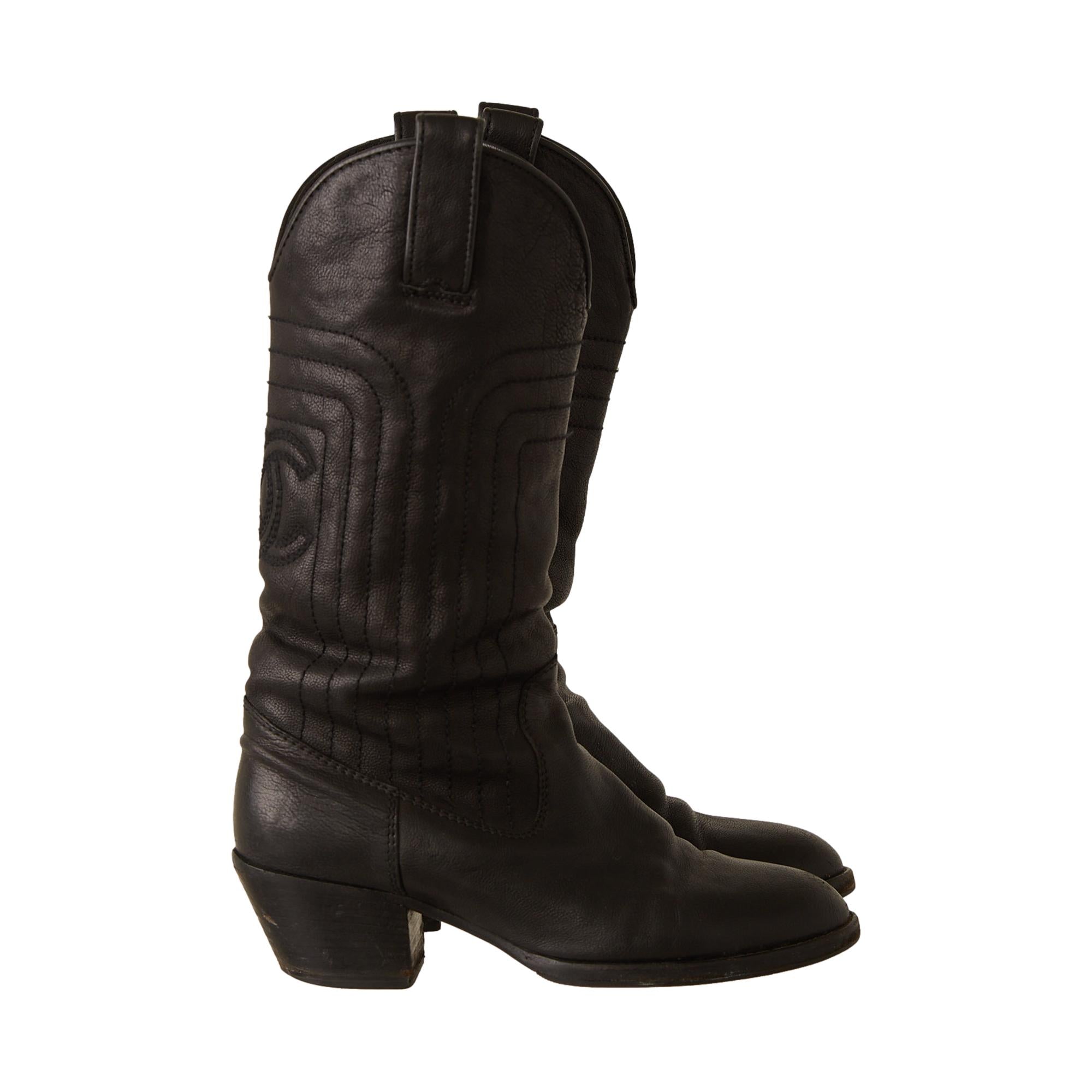 Chanel Black Leather Logo Cowboy Boots