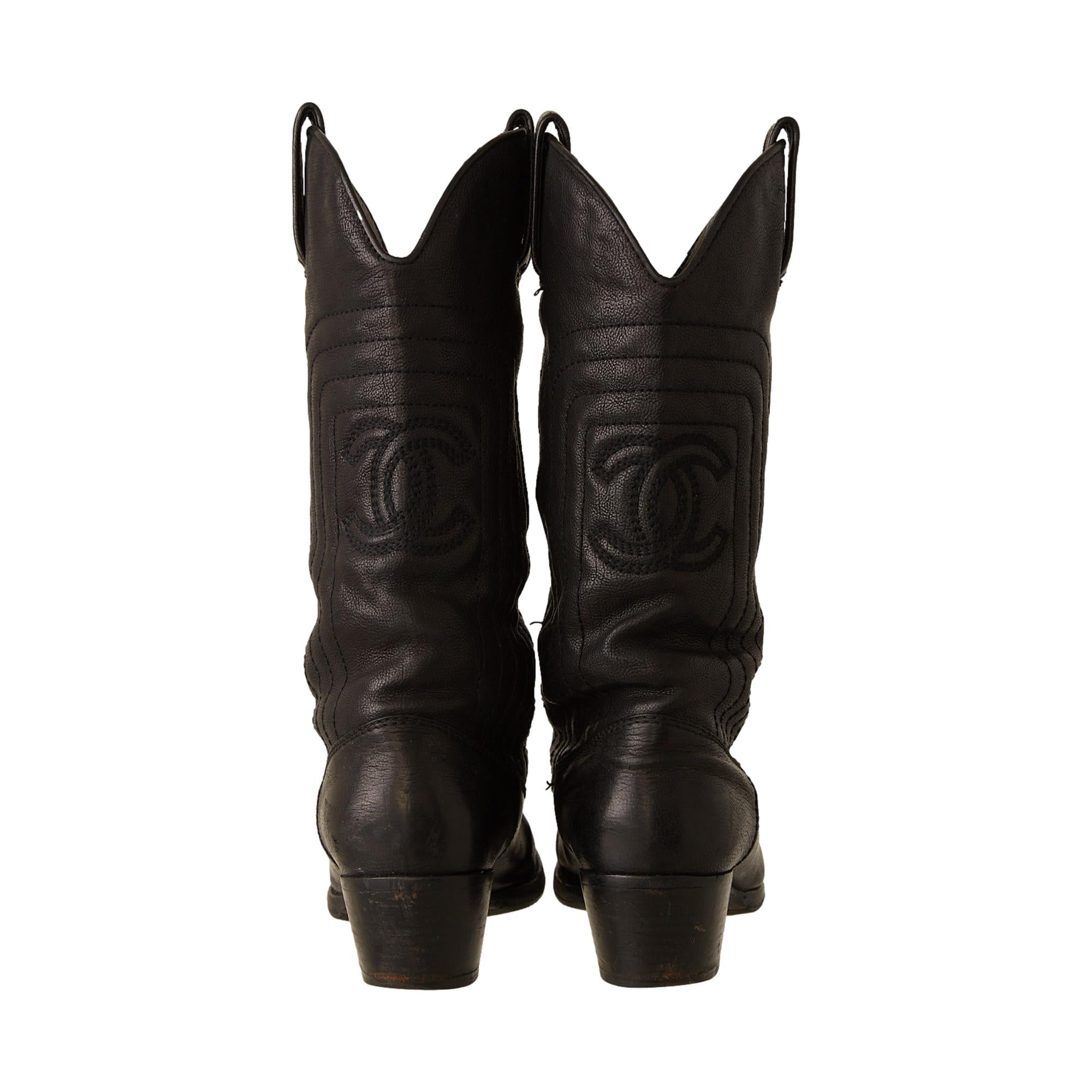 Chanel Black Leather Logo Cowboy Boots