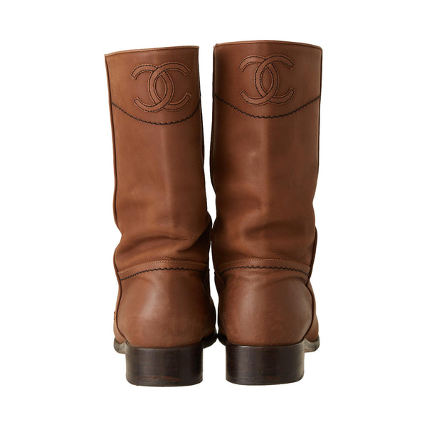 Chanel Brown Leather Logo Boots