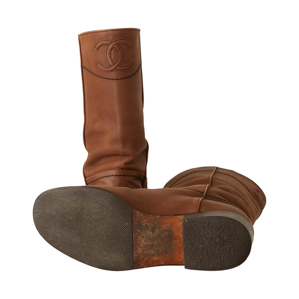 Chanel Brown Leather Logo Boots