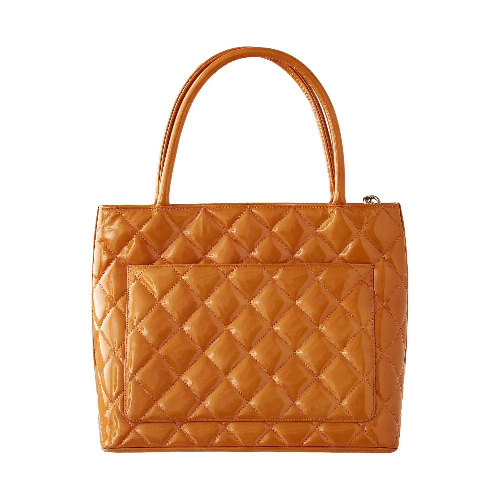 Chanel Orange Patent Quilted Logo Top Handle Bag