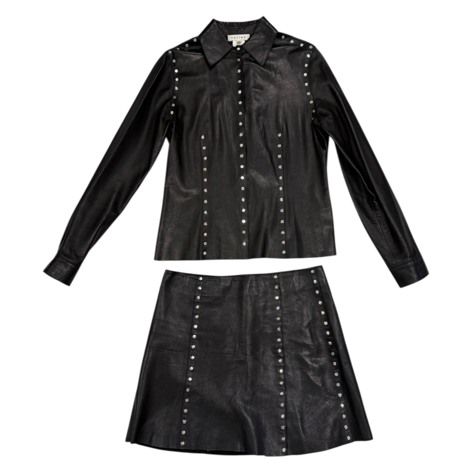 Celine Black Leather Logo Studded Skirt Set