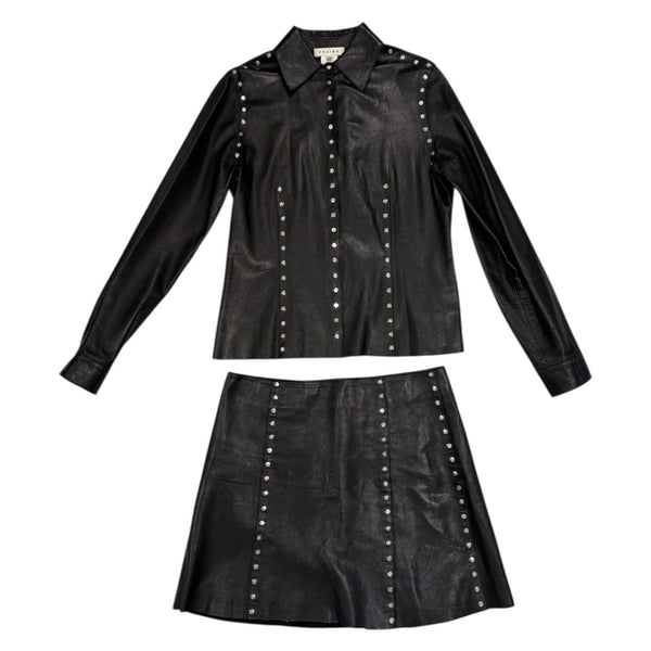 Celine Black Leather Logo Studded Skirt Set