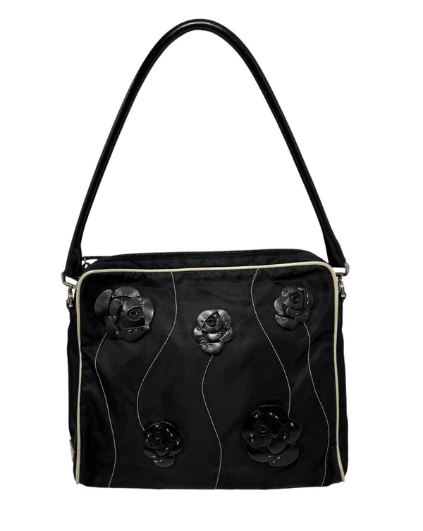 Prada Black Floral Nylon Shoulder Bag
