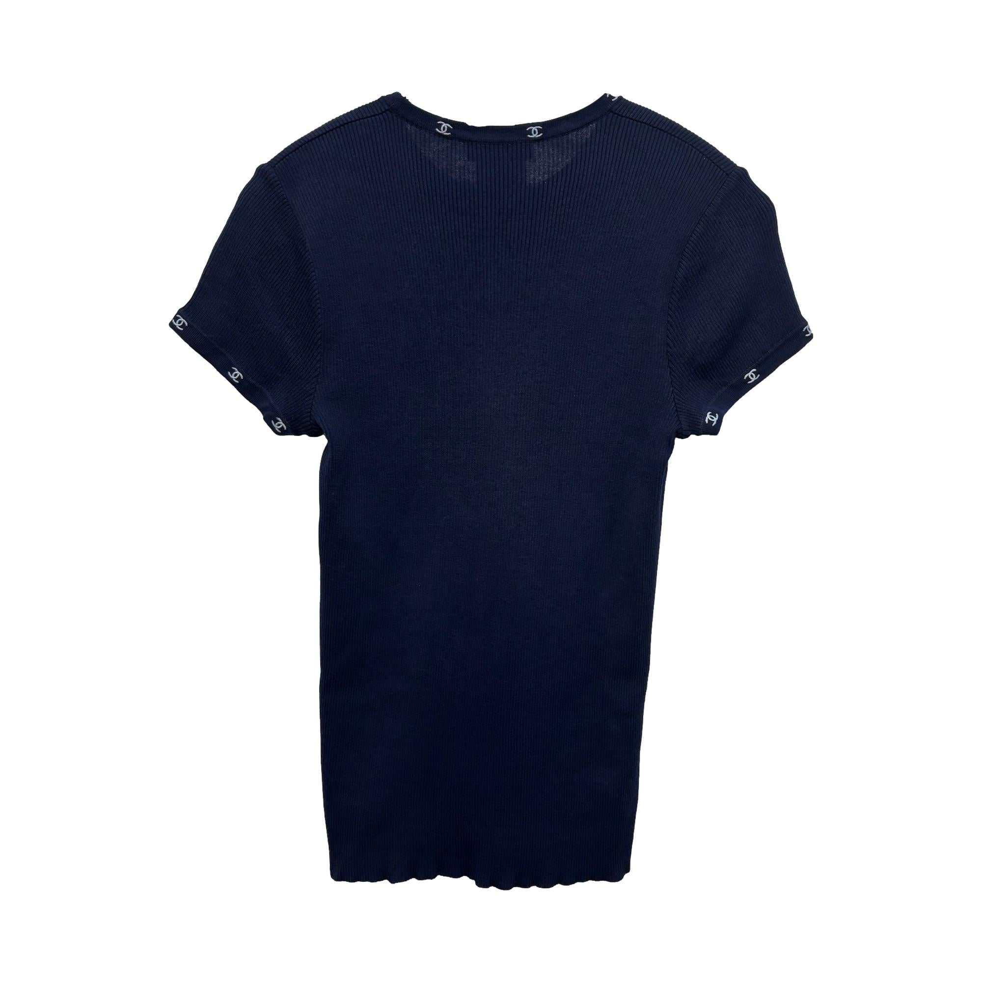 Chanel Navy Ribbed Logo Ringer Sleeve Top