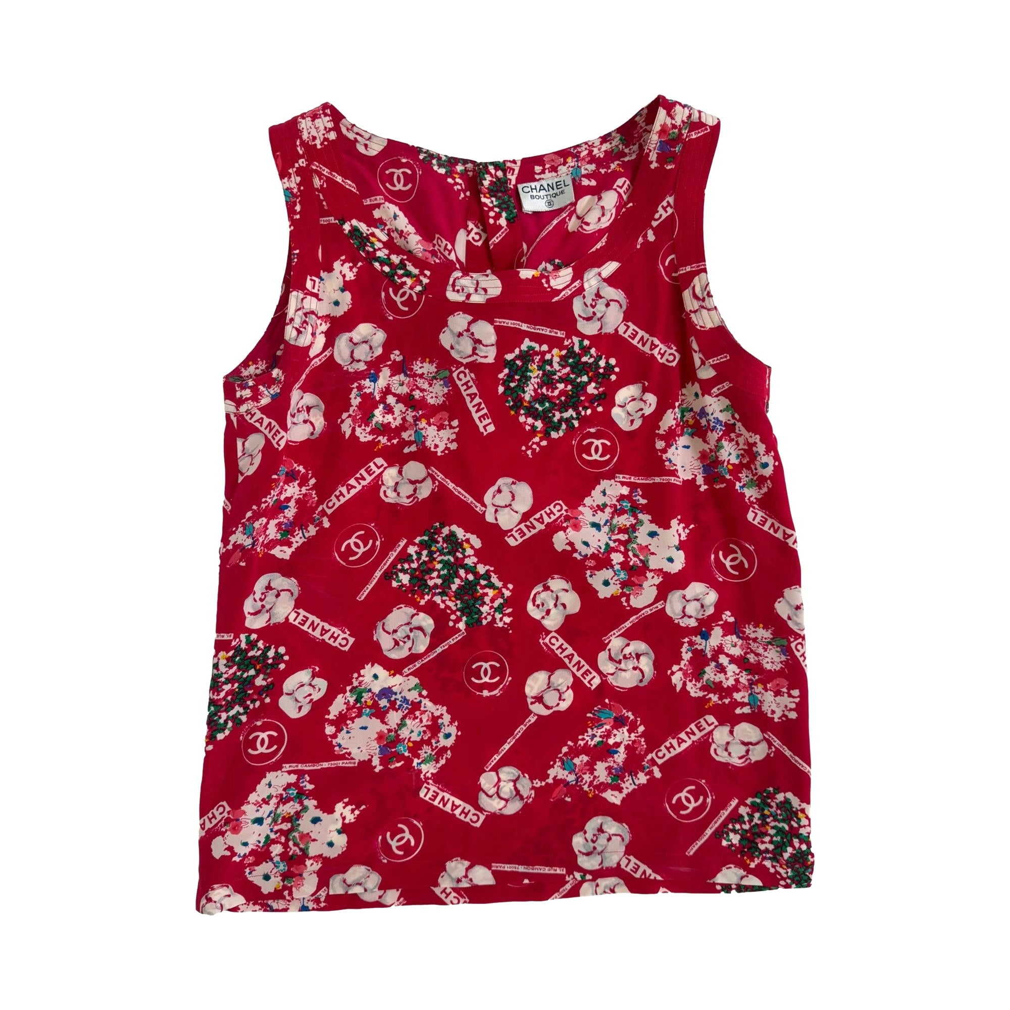 Chanel Red Print Silk Tank Top