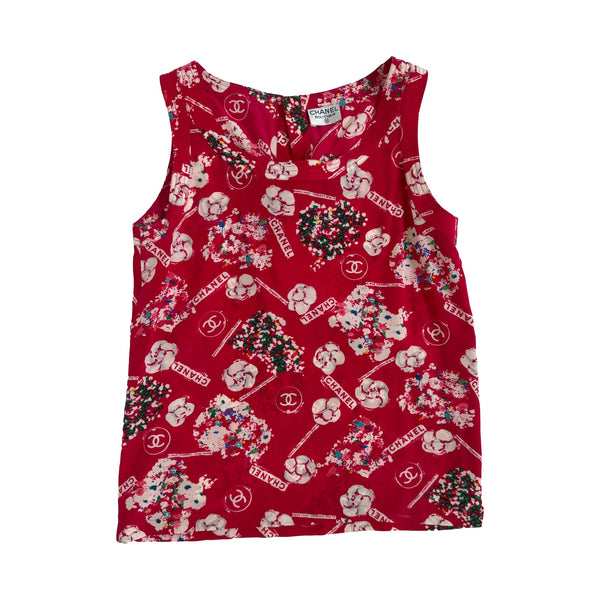Chanel Red Print Silk Tank Top