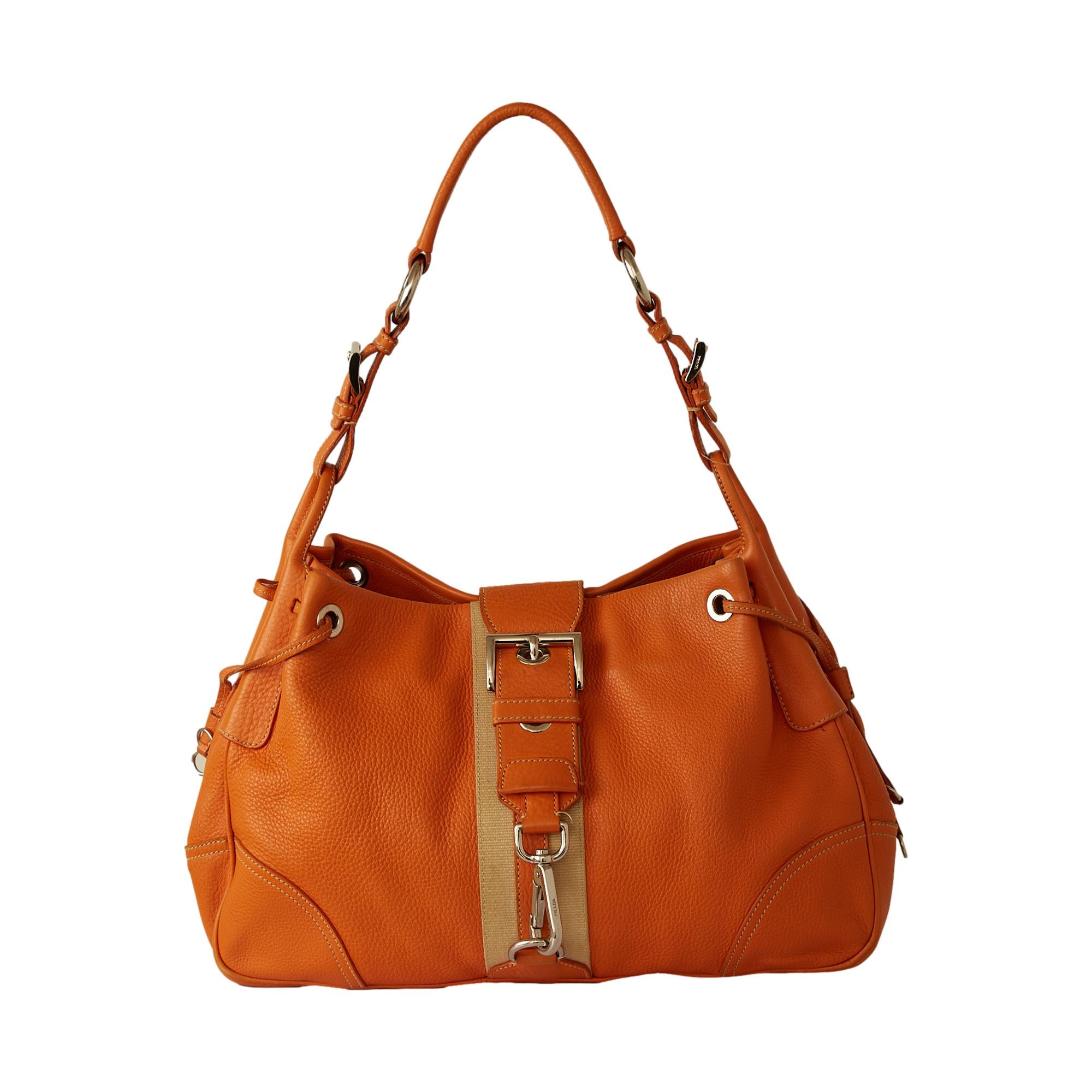 Prada Orange Leather Logo Shoulder Bag