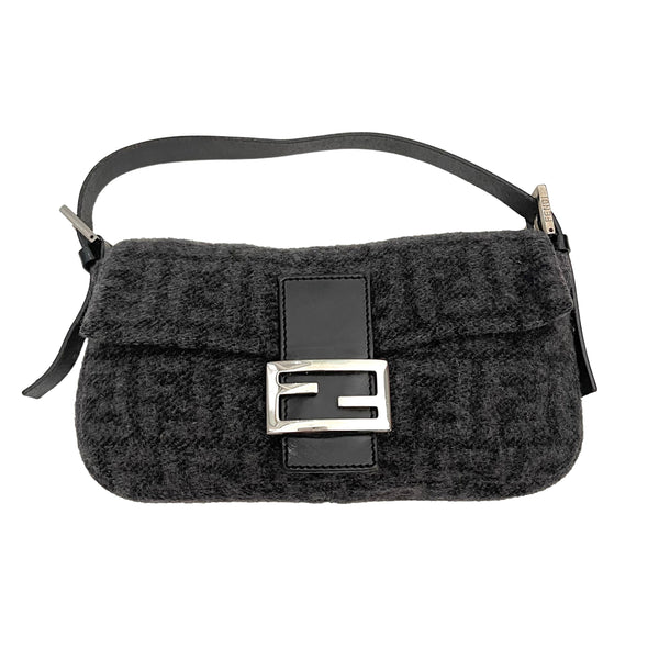 Fendi Grey Wool Logo Baguette Bag