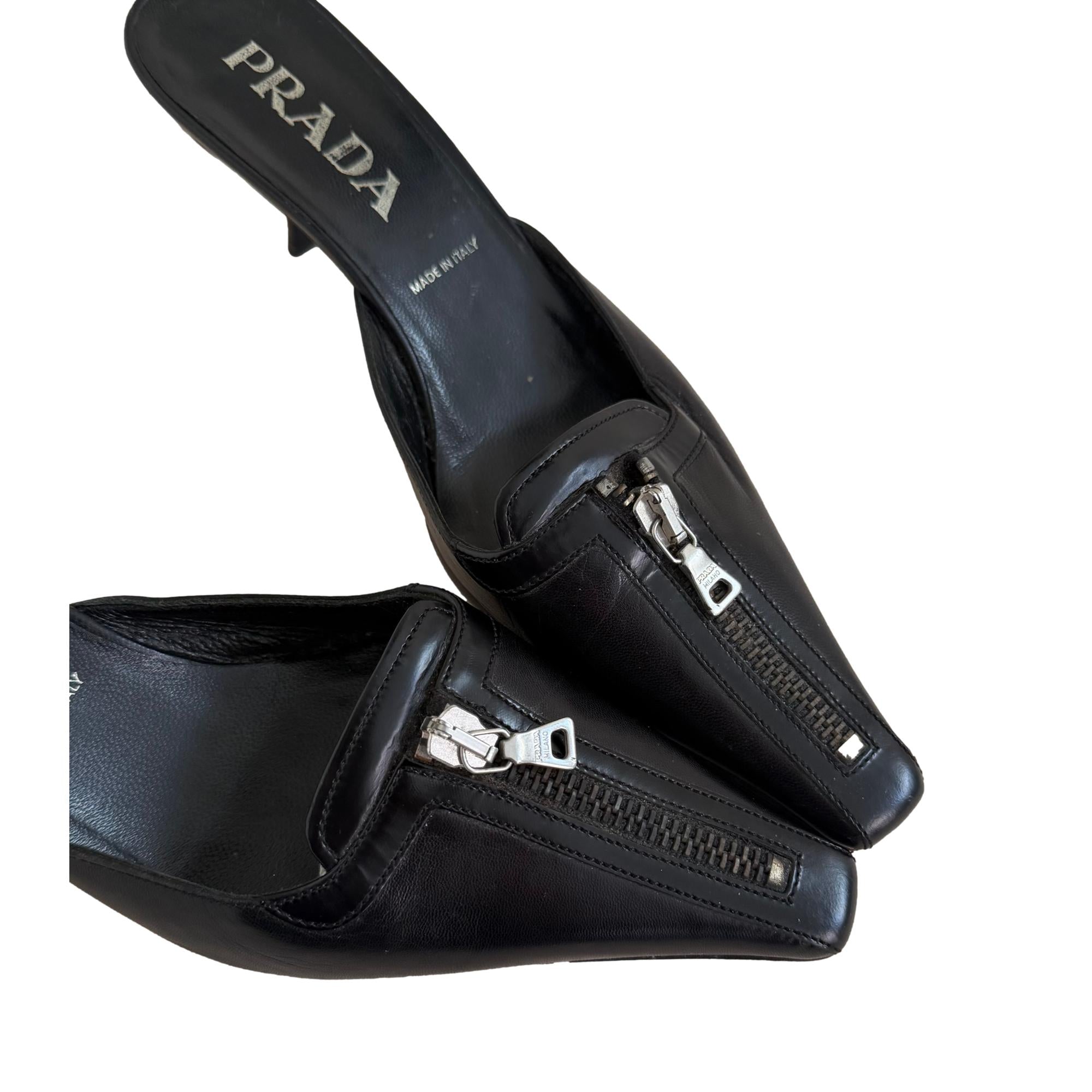Prada Black Leather Zipper Kitten Heels