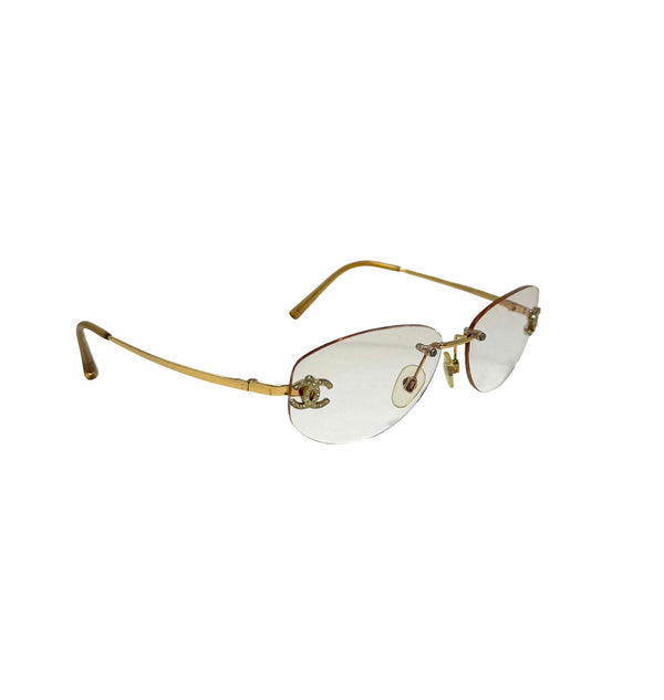 Chanel Clear Rhinestone Logo Aviator Sunglasses