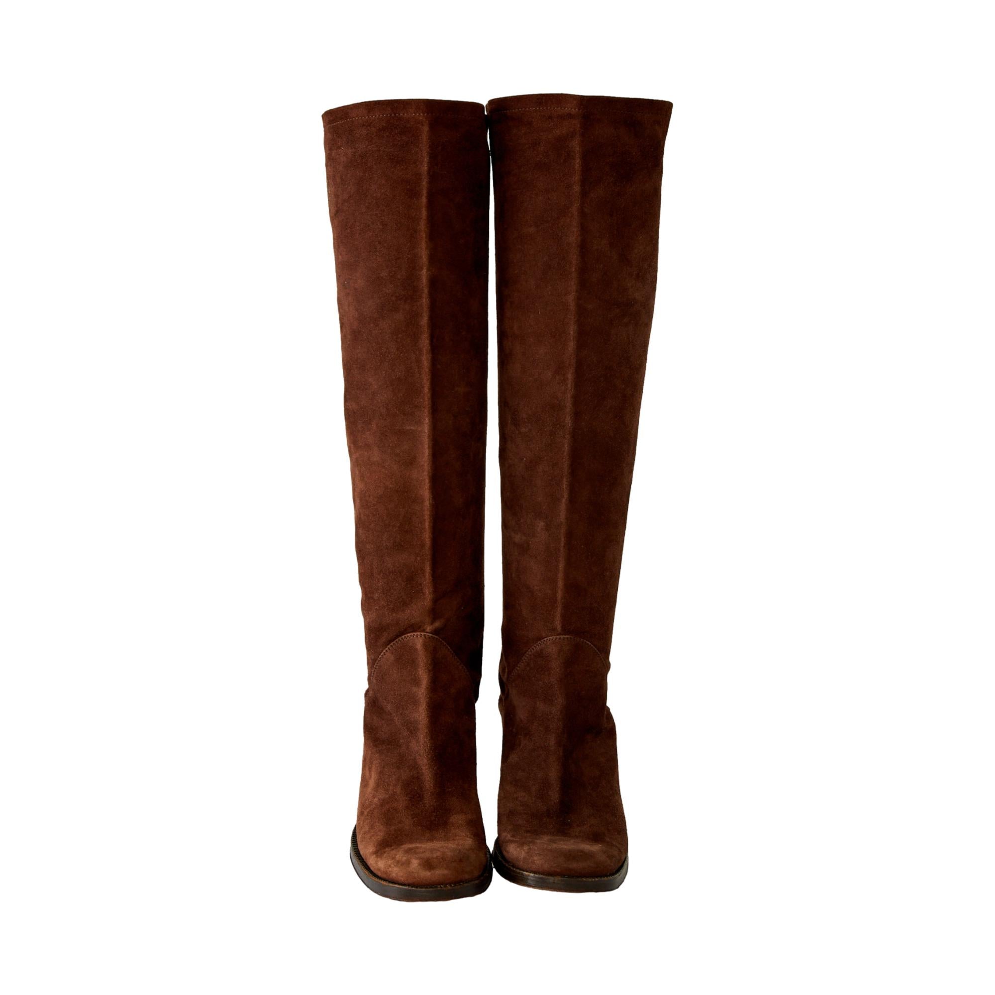 Chanel Brown Suede Knee High Logo Boots