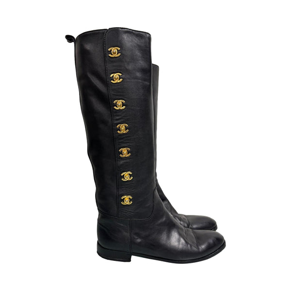 Chanel Black Turn-lock Logo Riding Boots