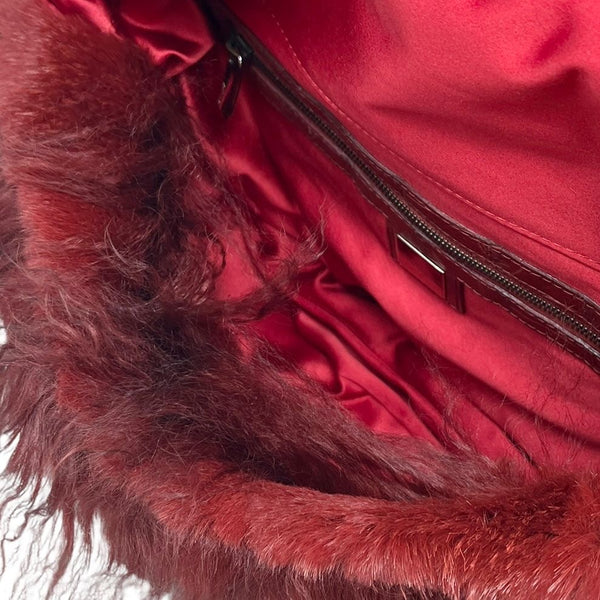 Fendi Red Fur Rhinestone Logo Baguette Bag