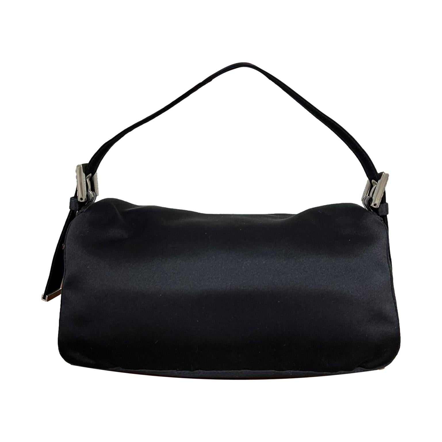 Fendi Black Satin Rhinestone Logo Baguette Bag