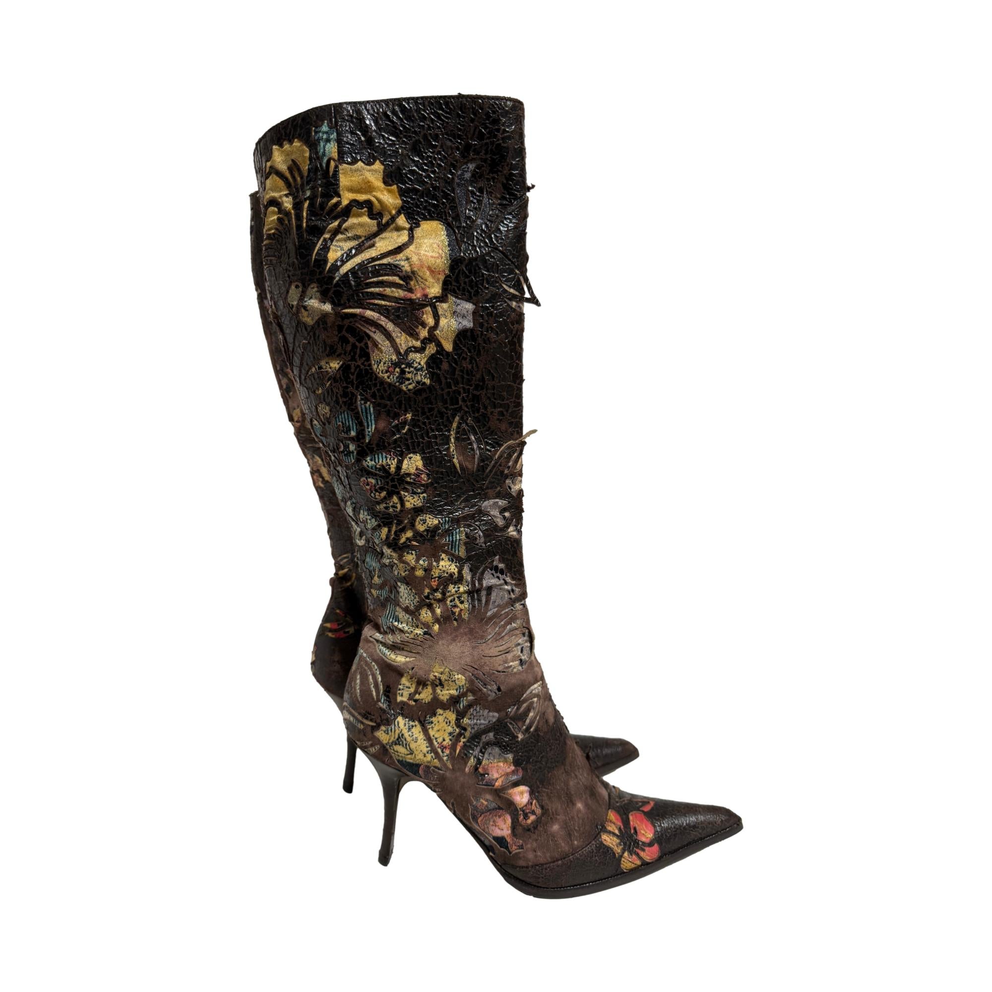 Roberto Cavalli Brown Distressed Floral Boots