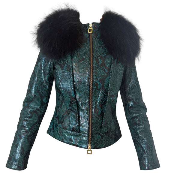 Roberto Cavalli Class Emerald Snakeskin + Fur Leather Jacket