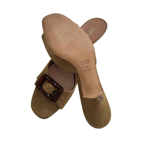 Prada Raffia Beaded Buckle Kitten Heels
