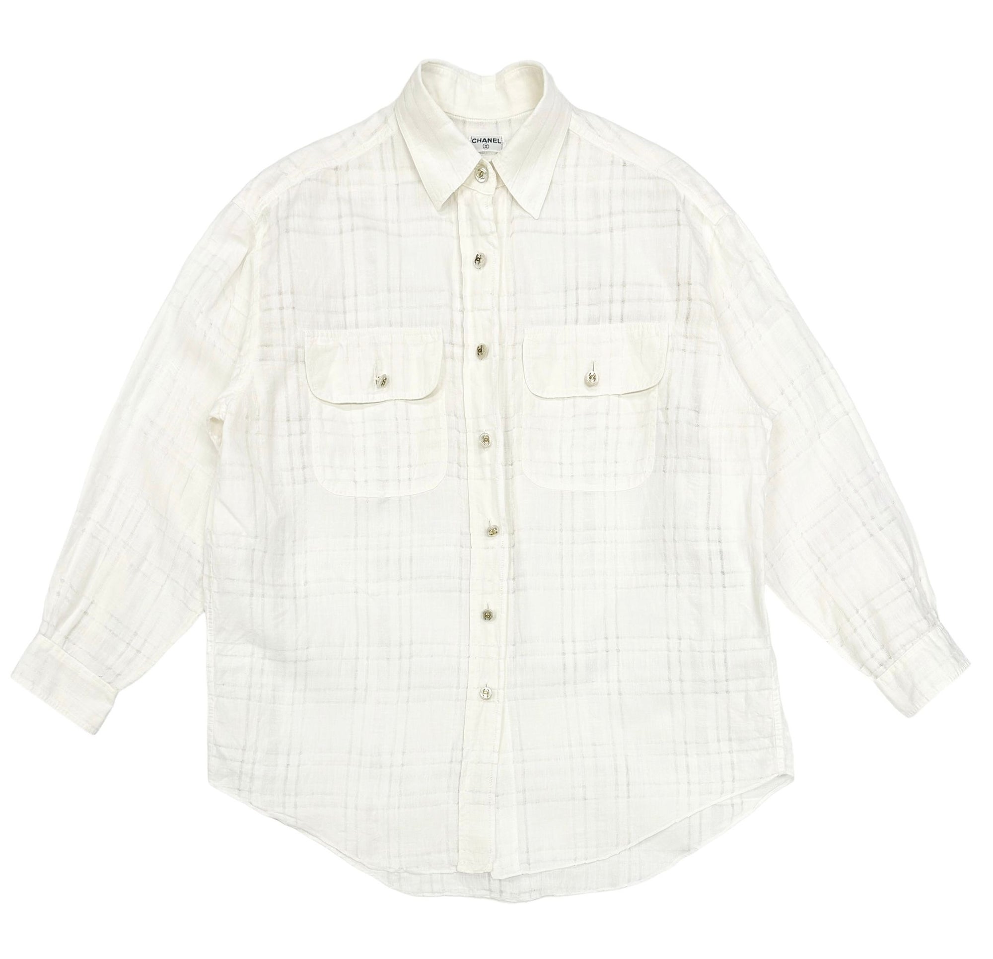 Chanel White Linen Logo Button Down