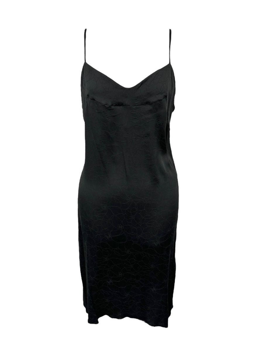 Chanel Black Silk Camellia Logo Slip Dress