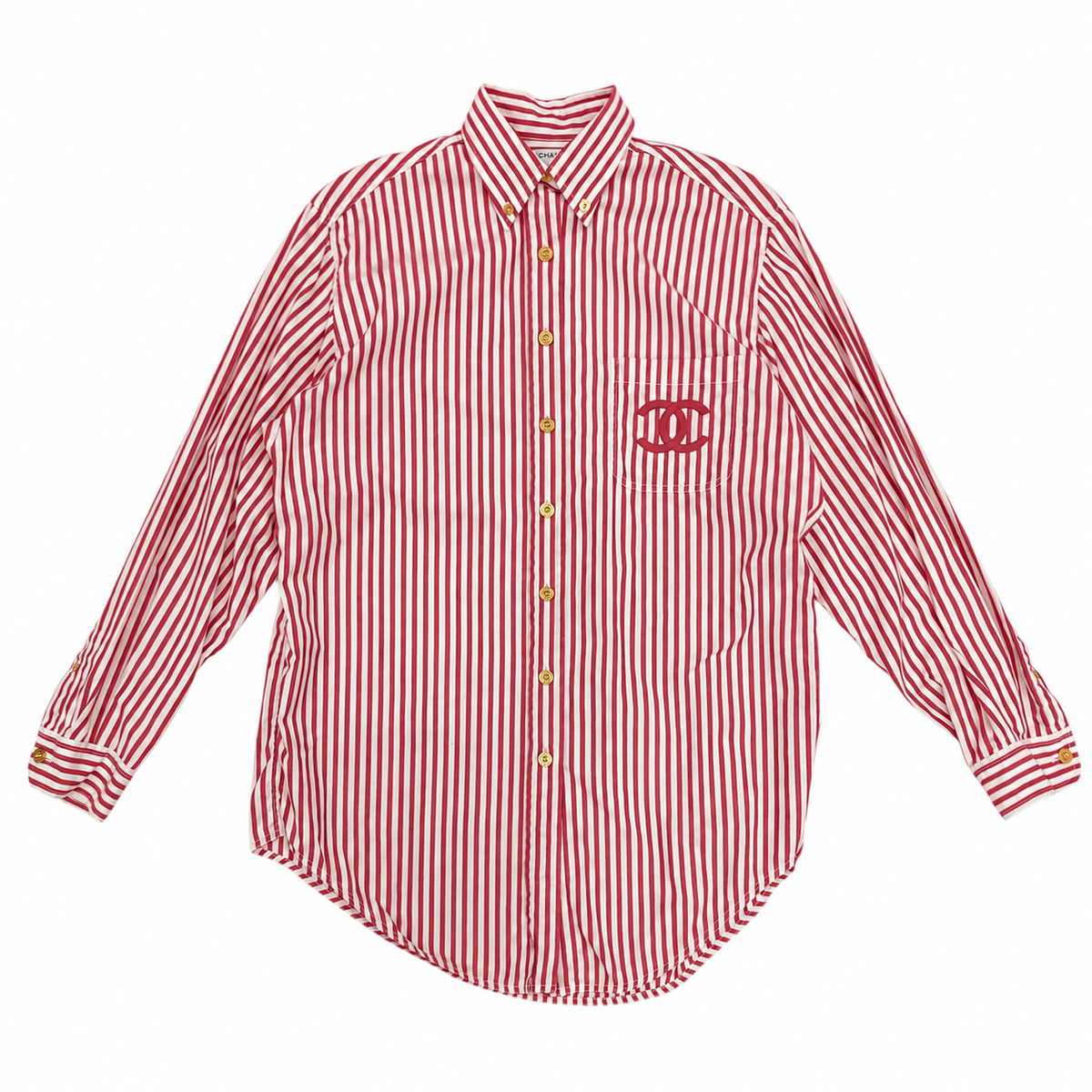 Chanel Oversized Red + White Striped Button Down Top