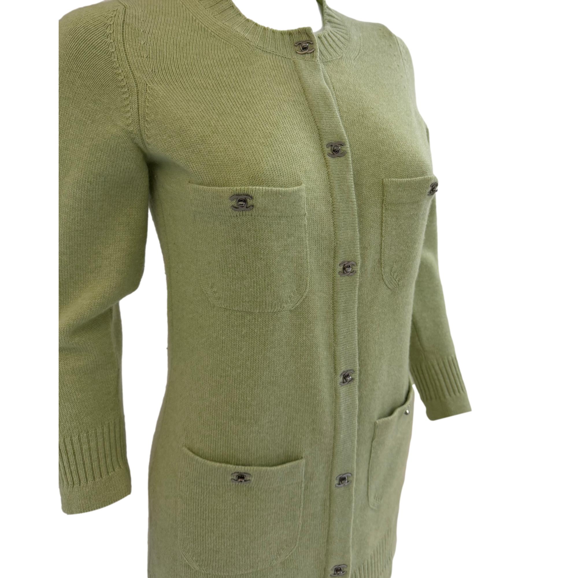 Chanel Green Turnlcock Cashmere Cardigan