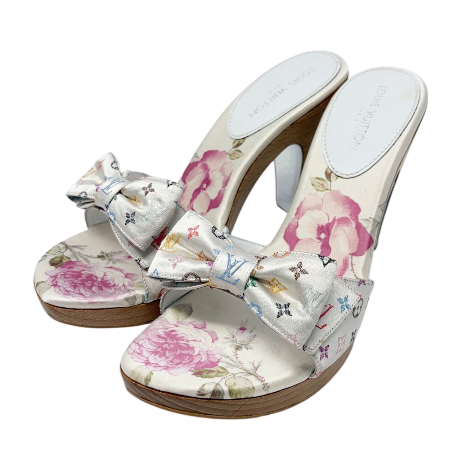 Louis Vuitton White Multicolor Satin Heels