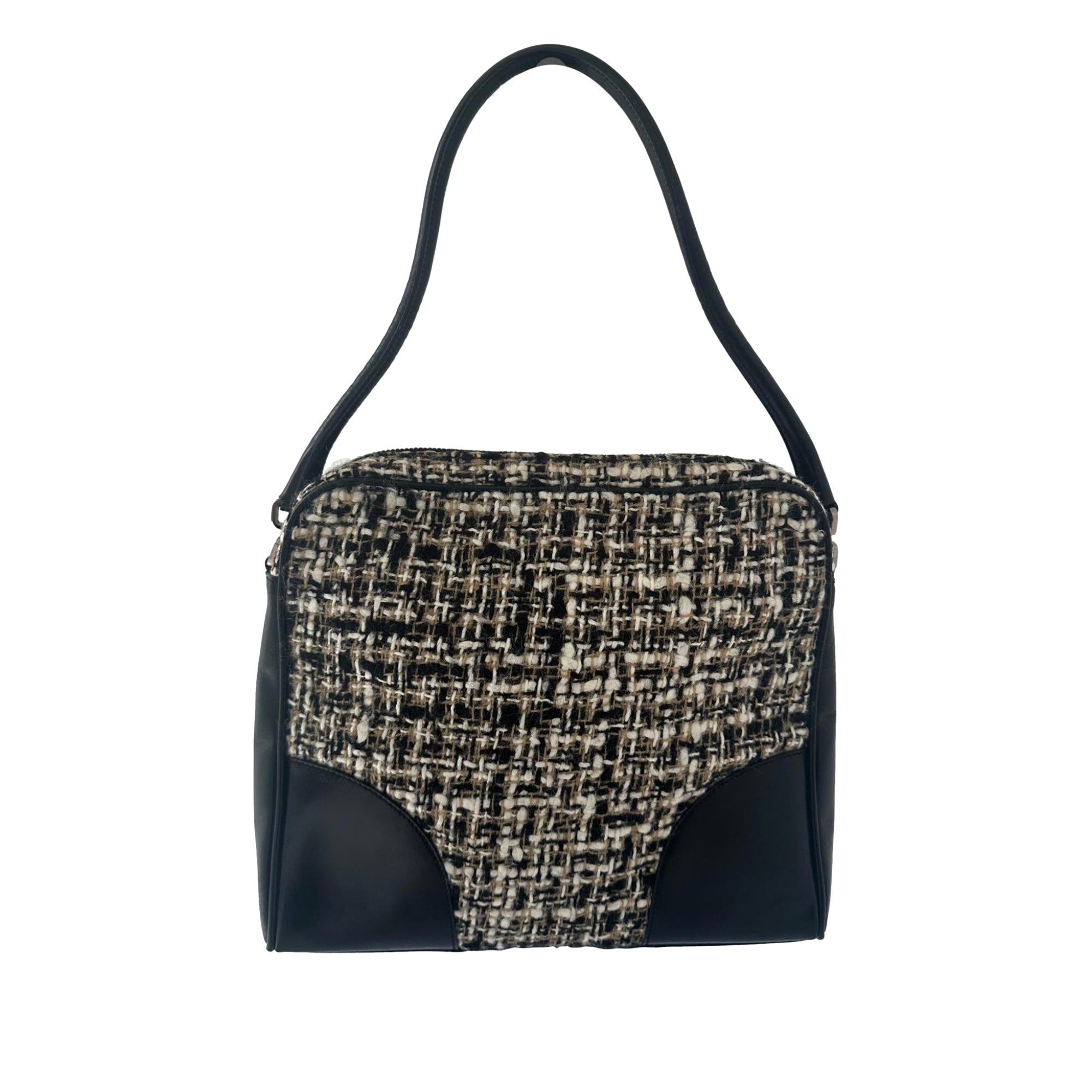 00s PRADA LEATHER TWEED TOTE HAND BAG