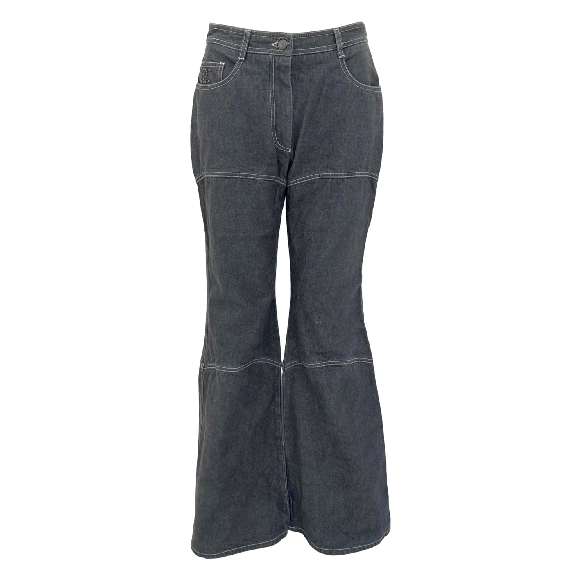 Chanel Grey Denim Wide-Leg Rhinestone Logo Jeans