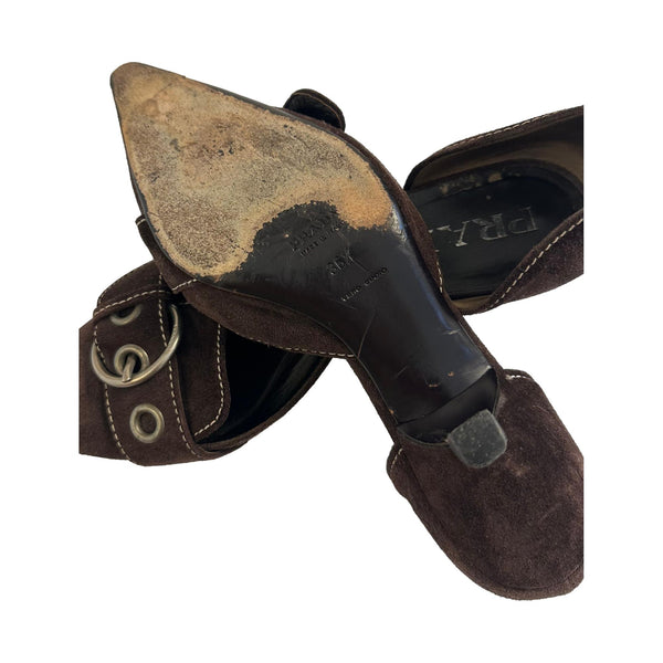 Prada Brown Suede Buckle Kitten Heels