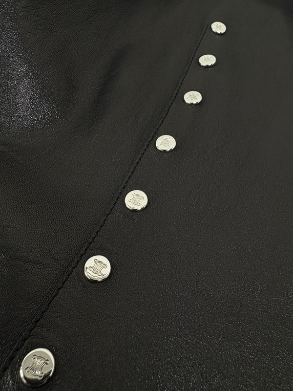 Celine Black Leather Logo Studded Skirt Set