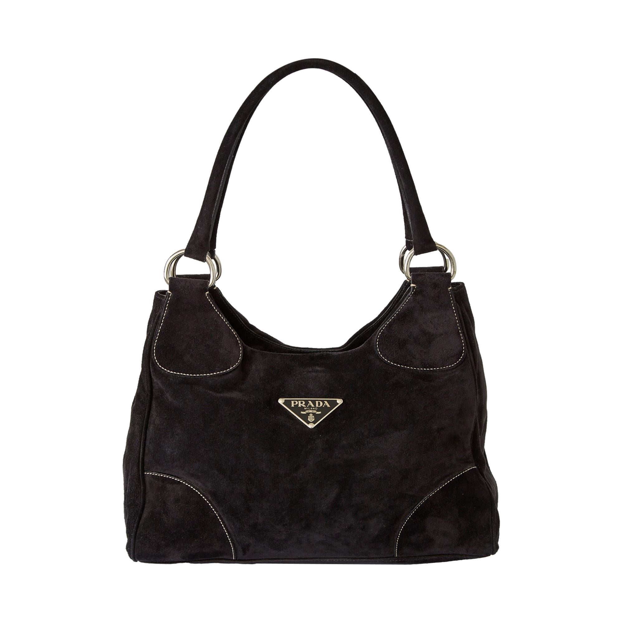 Prada Black Suede Embroidered Shoulder Bag