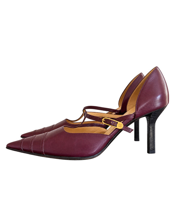 Chanel Burgundy Logo T-Strap Heels