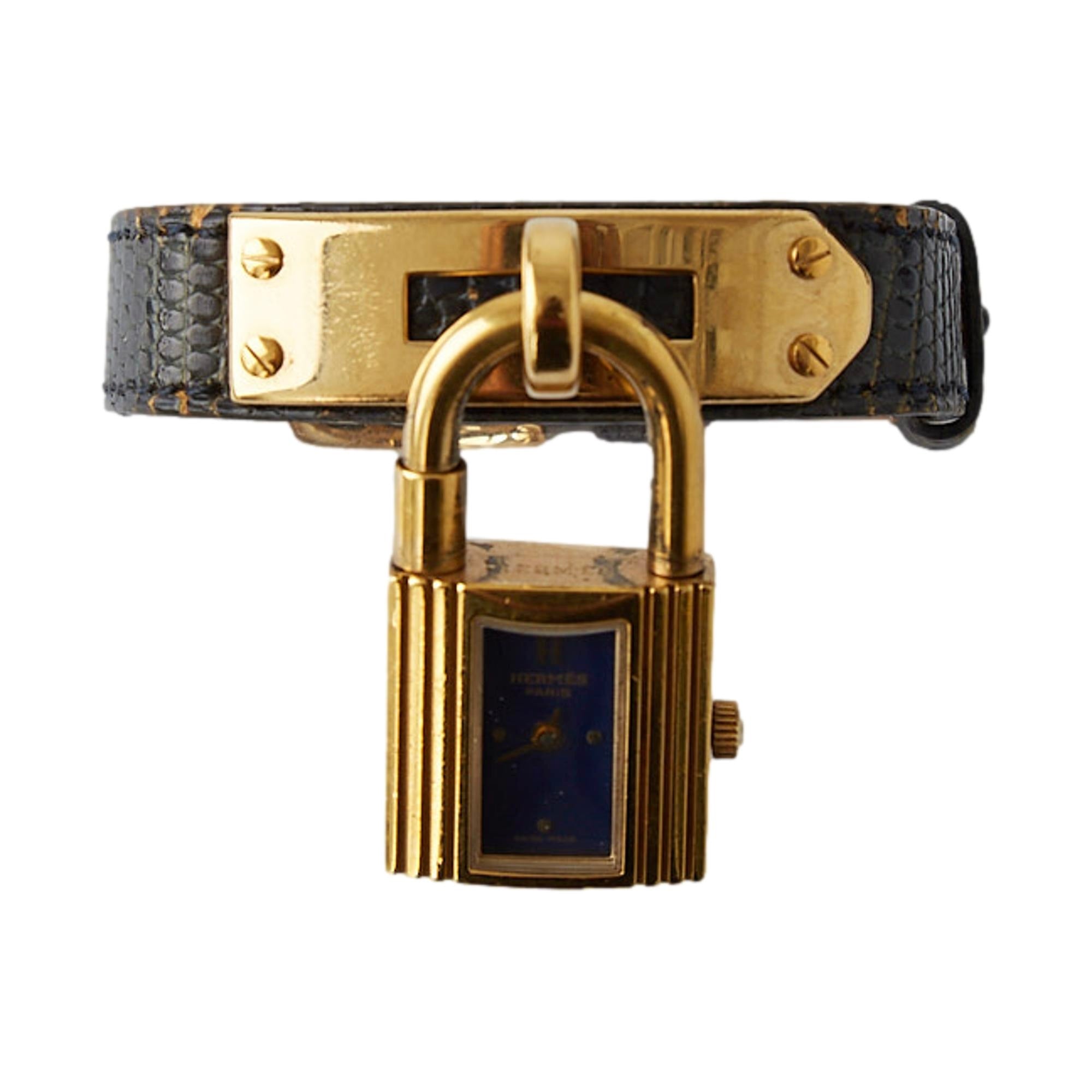 Hermes Navy Snakeskin + Gold Lock Watch