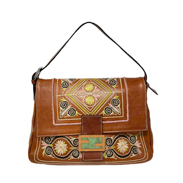 Fendi Brown Leather Embroidered Baguette