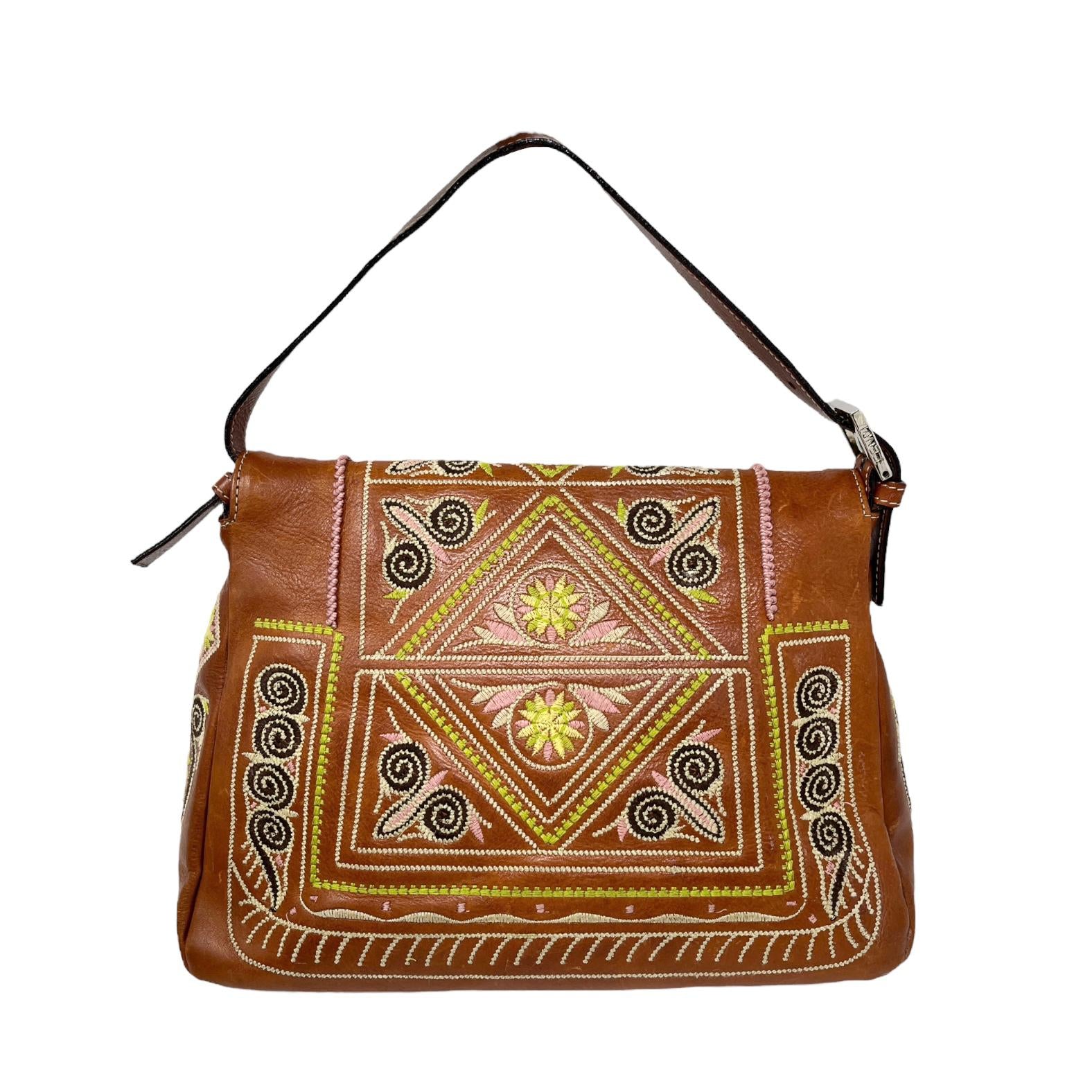 Fendi Brown Leather Embroidered Baguette