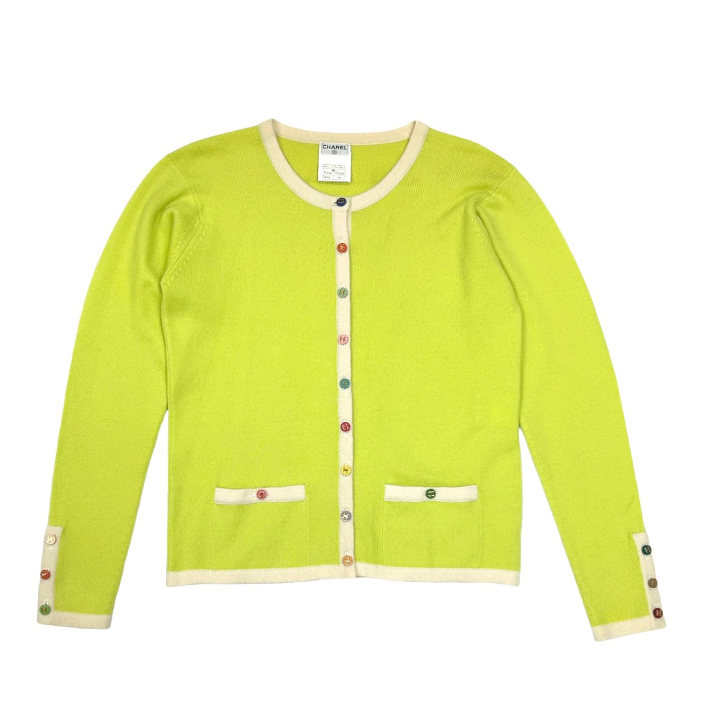 Chanel Green Logo Button Cardigan